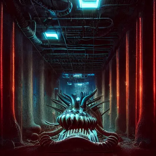 Prompt: menacing aggressive fast engineered black slimy creature made out of needles, inside a gas station, aggressive harsh bright fluorescent industrial blue lighting, extremely detailed digital matte painting by Greg Rutkowski and H.R. Giger