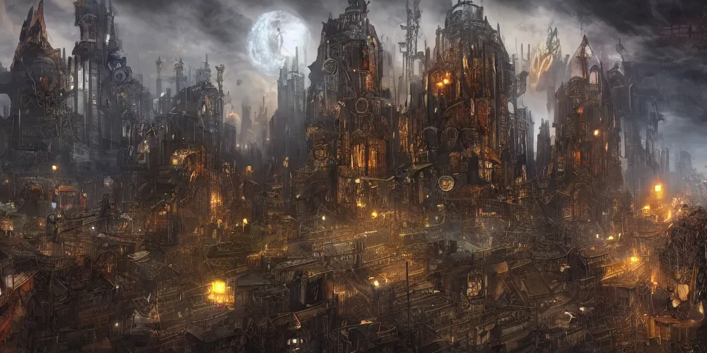 Image similar to Landscape imagery of a crime ridden city mixed of technology and magic, wizards and machines, steampunk, dungeons and dragons, artificer, 8k, realistic