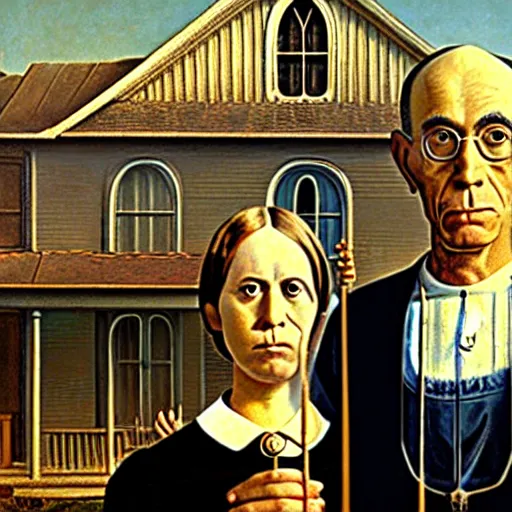 Image similar to a painting by grant wood of an astronaut couple, american gothic style