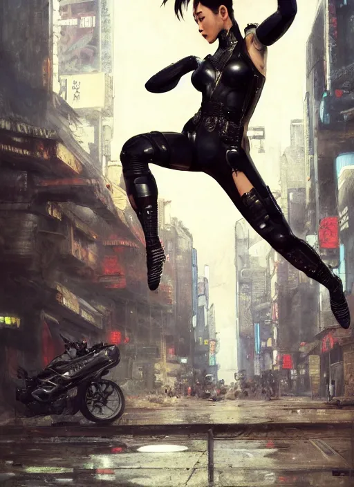 Prompt: chun li high kick. cyberpunk police trooper in a military vest ( blade runner 2 0 4 9, cyberpunk 2 0 7 7 ). orientalist portrait by john william waterhouse and james gurney and theodore ralli and nasreddine dinet, oil on canvas. cinematic, hyper realism, realistic proportions, dramatic lighting, high detail 4 k