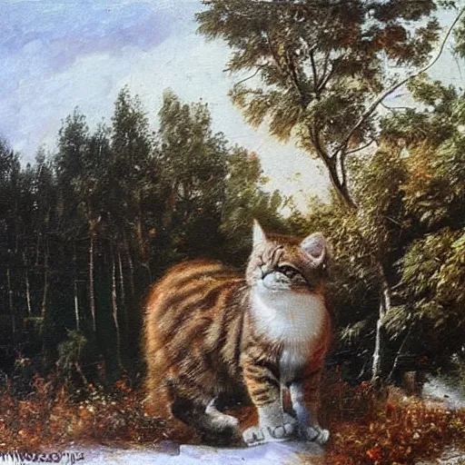 Prompt: huge cat near houses, oil painting by Ivan Shishkin