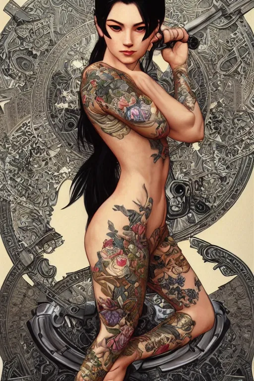 Prompt: tattooed yakuza girl holding a gun, intricate, elegant, highly detailed, digital painting, artstation, concept art, smooth, sharp focus, illustration, art by artgerm and greg rutkowski and alphonse mucha and william - adolphe bouguereau