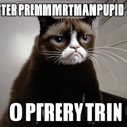Prompt: programmer continues to try cheer up grumpy cat
