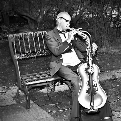 Image similar to A saxophonist played all night over the bag in the black arch. The drunkard was sleeping on a park bench, laying a newspaper sheet. Photo. Good quality.