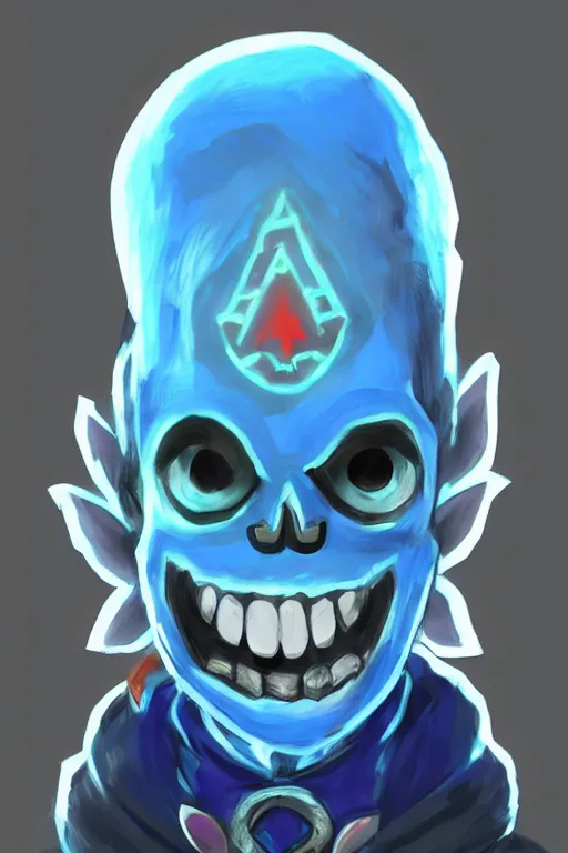 Image similar to an in game portrait of sans from the legend of zelda breath of the wild, breath of the wild art style.