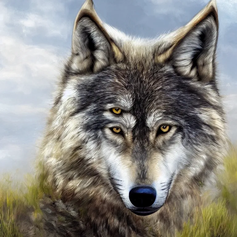 Image similar to Majestic wolf on the heath, portrait. Rough brushstrokes. Beautiful detailed scene. Interesting natural colour scheme. Beautiful artistic digital painting by Lurid (2022)