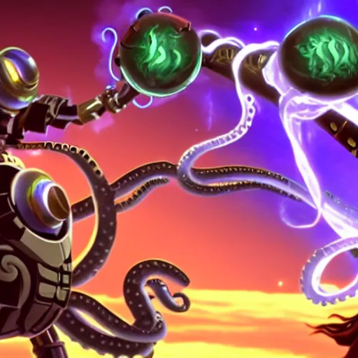Image similar to an epic cinematic battle between a wizard and an evil tentacle ai robot
