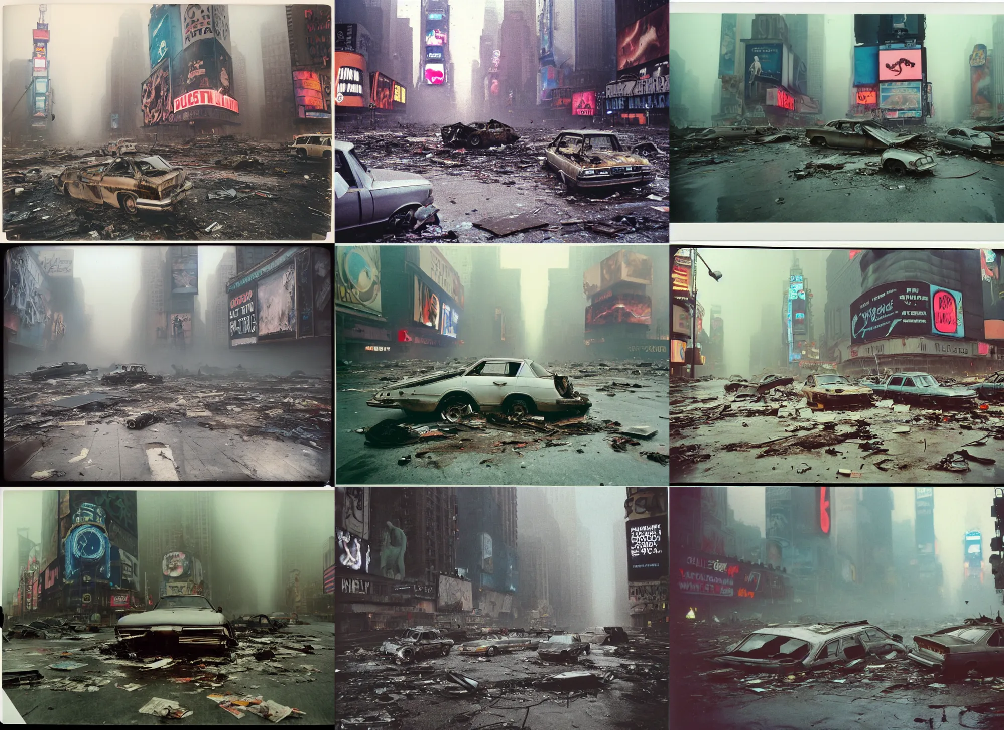 Prompt: octopus in postapocalyptic abandoned destroyed times square, wrecked buildings, destroyed flipped wrecked cars, underwater polaroid photo, vintage, foggy, 1 9 8 5, neutral colors, rainy day, color photo by gregory crewdson