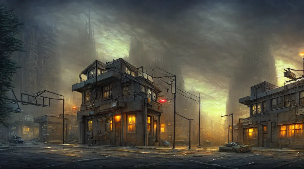 Prompt: post - apocalyptic dystopian police station, organic architecture, hyperrealistic landscape, building, street, in the style of patrick commercy, of thomas kinkade, hd photography street, photorealistic, trending on artstation