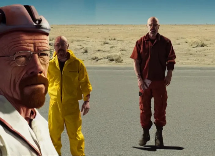 Image similar to Crewmate from Among Us (2016) with Walter White, movie screenshot, detailed, realistic, clean composition