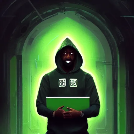 Prompt: portrait of a black man programmer with green hood by greg rutkowski, digital number in the background