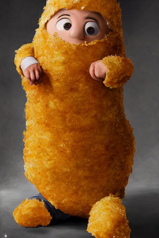 Image similar to channing tatum in a tater tot costume, oil on canvas, intricate, 8 k highly professionally detailed, hdr, cgsociety