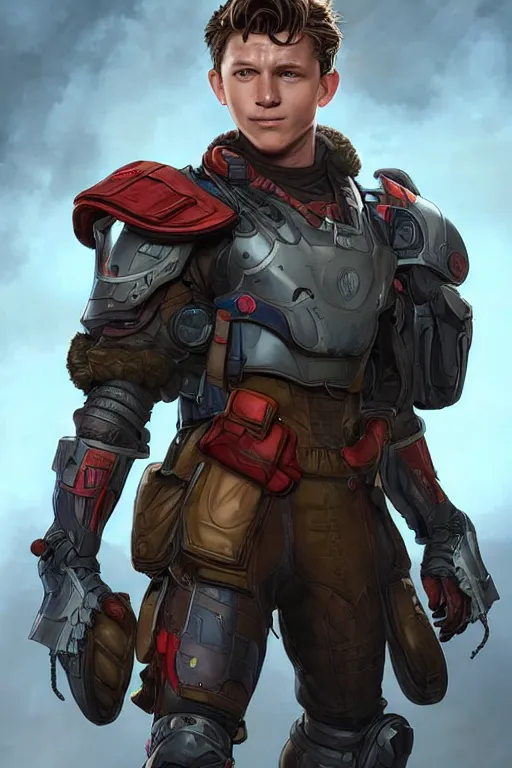 Prompt: Tom Holland in Apex Legends Armor dropping into battle character digital illustration portrait design by, Mark Brooks and Brad Kunkle detailed, gorgeous lighting, wide angle dynamic portrait