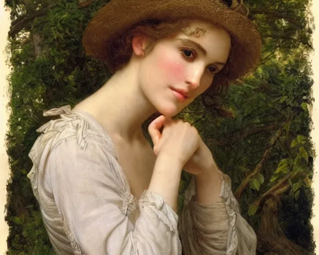 Prompt: portrait en buste of winona ryder kiera knightley in repose by Hughes Merle, by Pierre Auguste Cot, perfect realistic eyes, realistic fabric, abundant detail