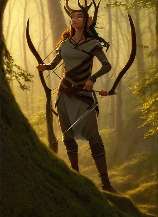 Image similar to a film still portrait of a deer elven archer, finely detailed features, cinematic lighting, perfect art, brian jacques redwall woodland, forest, intricate, artstation, trending on pixiv fanbox, painted by brian jacques greg rutkowski, studio ghibli, fantasy, 4 k