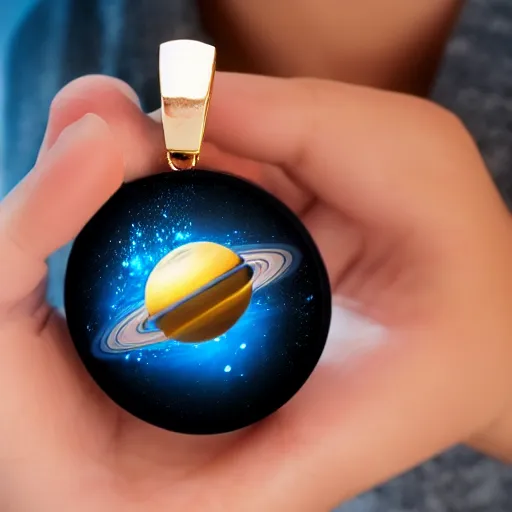 Image similar to closeup of a woman wearing a neckless with a glowing planet Saturn as the pendant, the rings are glowing around the planet, the woman's hand reaching for the pendant, in the style of Disney frozen