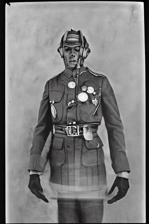 Image similar to 1 9 4 0 s daguerreotype of portrait of an alien in a world war ii marshal's outfit, ornate, illustration, full body, military,