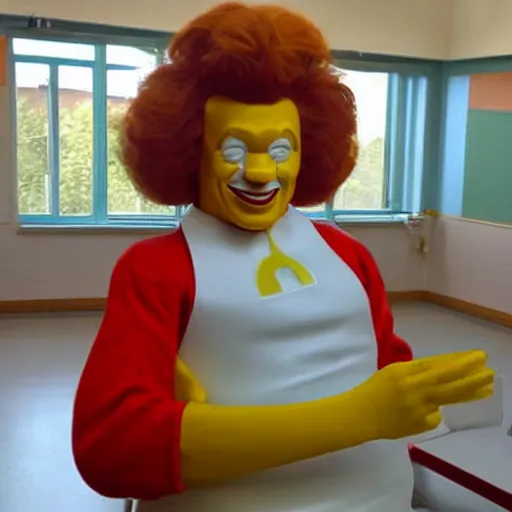 Image similar to ronald mcdonald in an abandoned hospital