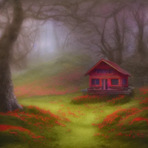 Prompt: small wooden house in the middle of spring forest, bright colours, watercolor, volumetric wool felting, macro photography, children illustration, by christophe vacher