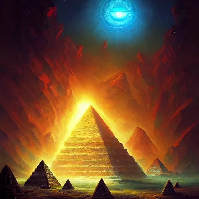 Image similar to the illuminati eye opening up from an orb above a pyramid, a fantasy magical landscape seen in the distance, atmospheric lighting, intricate, volumetric lighting, beautiful, sharp focus, ultra detailed, in the art style of marc simonetti, bowater charlie and brom gerald, astrophotography