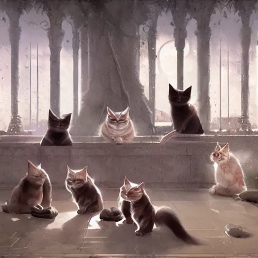 Image similar to the council of cats, by greg rutkowski