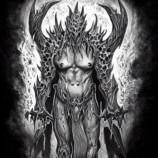 Image similar to diablo lord of terror, engulfed in flames, full body shot, detailed greyscale tattoo by Dmitriy Tkach