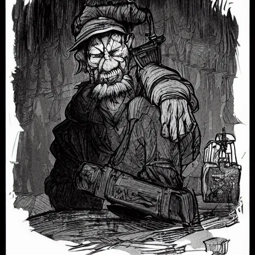 Prompt: an angry, grimy, dirty, grumpy [ old ], miner elf ( with red hat and a glowing latern ) in a pitch black mine, looks into the camera. angry kubrick stare, low key lighting, high contrast, theatrical, fairy tale illustration, character concept art by ivan bilibin, gustave dore and marc simonetti