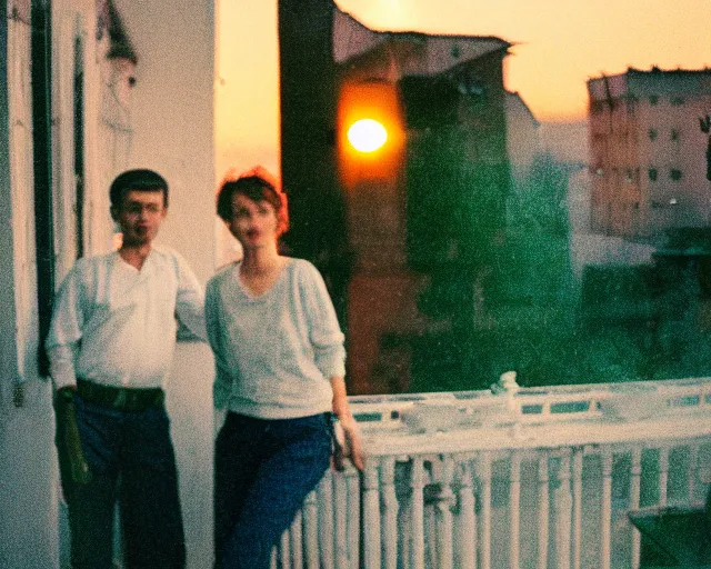 Image similar to lomo photo of pair standing on small hrushevka balcony full with cigarette smoke in small russian town at sunset, cinestill, bokeh