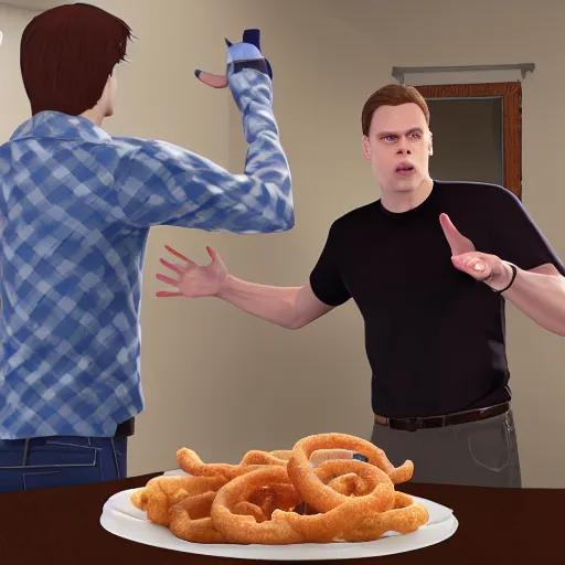 Image similar to jerma 9 5 3 2 1 pointing at jerma 4 5 8 7 saying onion ring, meme, realistic, hdr, clear image,