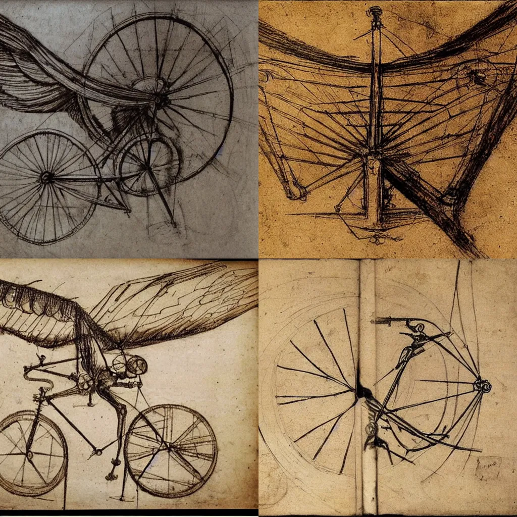 Prompt: Sketch by Leonardo De Vinci of a winged bicycle