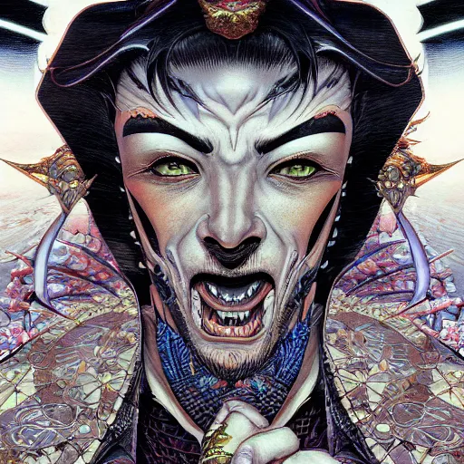 Image similar to portrait closeup of crazy jafar, symmetrical, by yoichi hatakenaka, masamune shirow, josan gonzales and dan mumford, ayami kojima, takato yamamoto, barclay shaw, karol bak, yukito kishiro