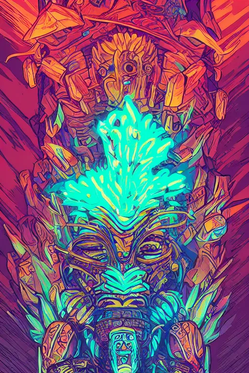 Image similar to totem animal tribal chaman vodoo mask feather gemstone plant wood rock video game illustration vivid color borderlands by josan gonzales and dan mumford radiating a glowing aura