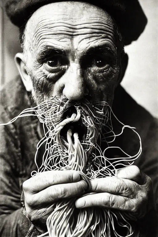 Image similar to extremely detailed portrait of old italian cook, spaghetti mustache, slurping spaghetti, spaghetti in the nostrils, spaghetti hair, spaghetti beard, huge surprised eyes, shocked expression, scarf made from spaghetti, full frame, award winning photo by james van der zee