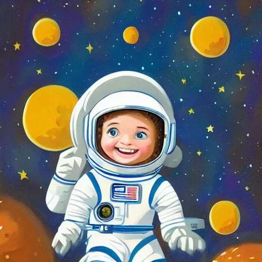 Prompt: a cute little girl with a round cherubic face, blue eyes, and short wavy light brown hair smiles as she floats in space with stars all around her. she is an astronaut, wearing a space suit. beautiful cartoon painting with highly detailed face by axel scheffler and greg rutkowski