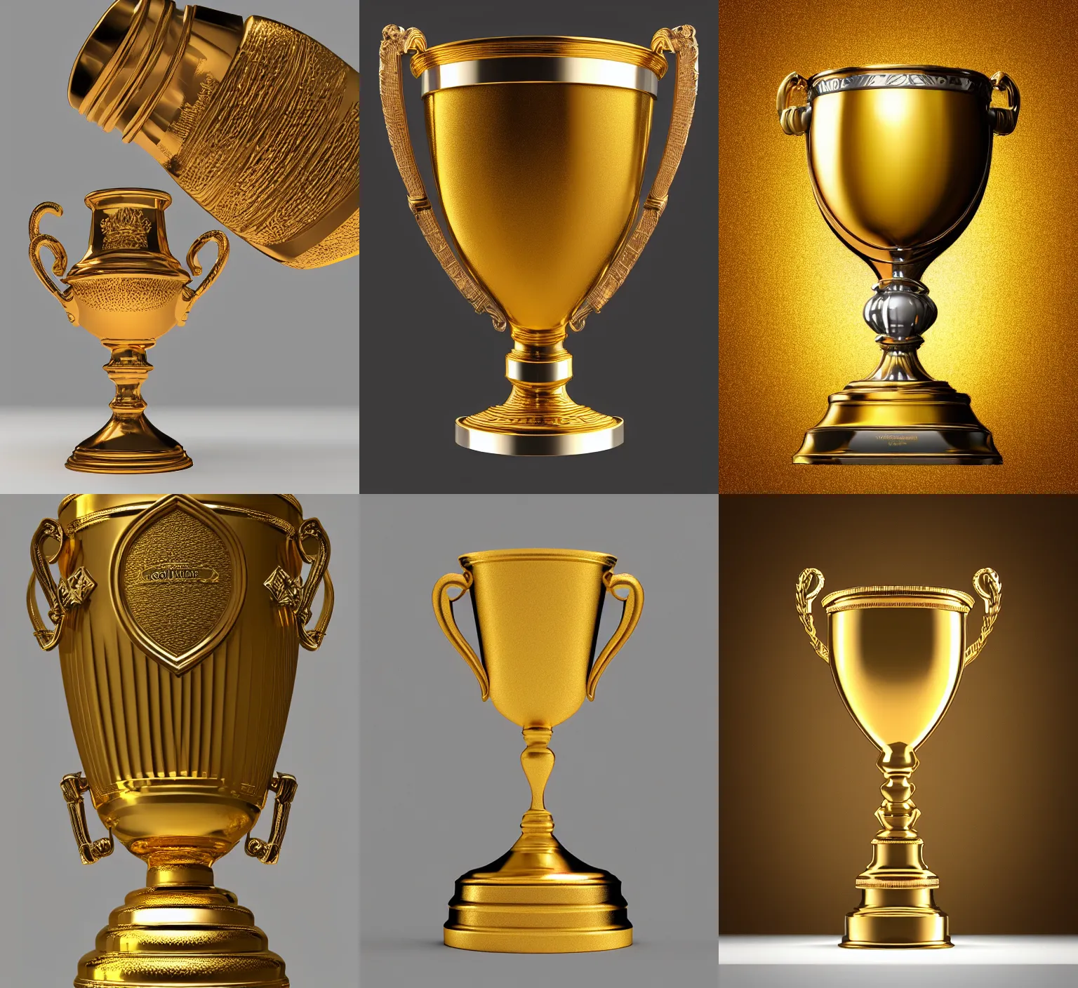 Prompt: “ golden chalice, champion, wining, award, front, center view, white background, render corona, redshift render, photo, realistic, hyper realistic, studio light, stock color, bright, detailed, organic shape ”