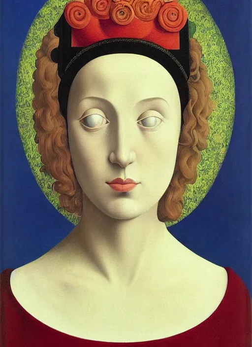 Image similar to portrait of young woman in renaissance dress and renaissance headdress, art by rene magritte