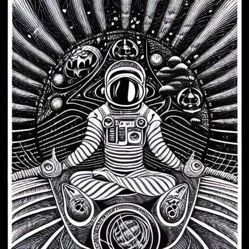 Prompt: meditating astronaut, psychedelic illustration by Aaron Horkey, photorealism, intricate, line-drawing, black ink on white paper