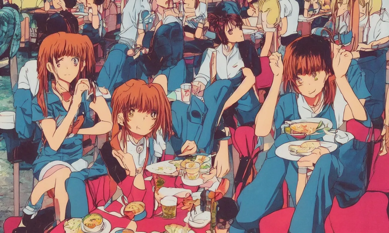 Prompt: 8 0 s anime girl sitting in thai restaurant nice aesthetic