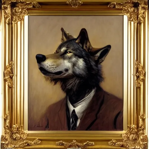 Image similar to a portrait of a wolf dogman canine lawyer. highly detailed painting by gaston bussiere, craig mullins, j. c. leyendecker, furry