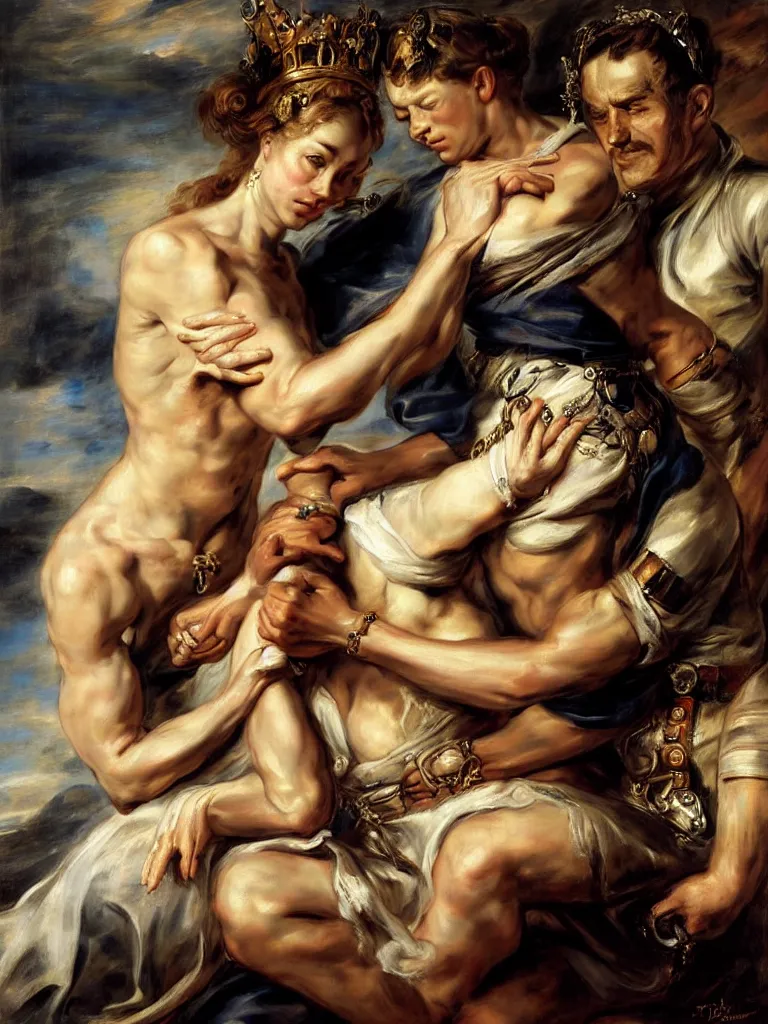 Image similar to the soldier lays his hand on the queen ’ s forehead, by peter paul rubens and eugene delacroix and karol bak, hyperrealism, digital illustration, fauvist, intimate, relaxed posture, high definition, delicate, dimly lit, private moment