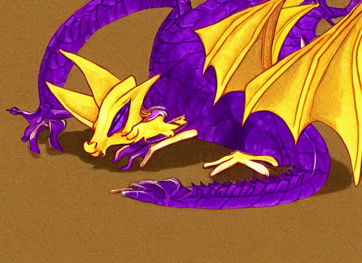 Image similar to A tiny cute purple and gold dragon lays down on its back, cute dragon relaxing, digital art, artstation