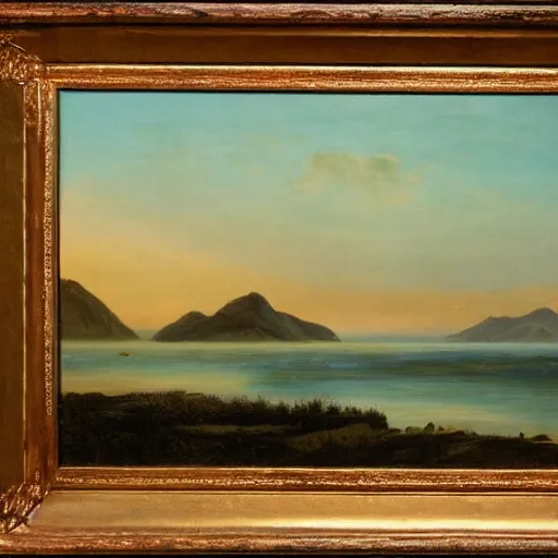 Image similar to mountains in the foreground, sea in the background at dawn, painting