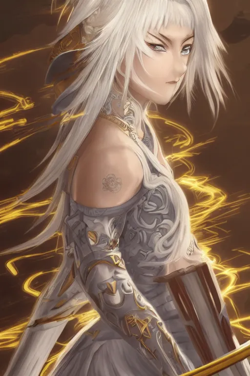 Prompt: white-haired anime girl warrior in a dress with a katana surrounded by golden swirling clouds, intricate linework, detailed, artstation, cinematic, dramatic, atmopsheric, style of En Jia, 8k