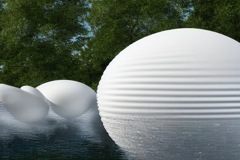 Prompt: a biological cell building composed of many white spherical egg shaped spaces arranged up and down. on the calm lake, people's perspective, future, interior wood, marble, award winning, highly detailed 4 k art, dusk, unreal engine highly rendered, global illumination, radial light, internal environment by kazuyo sejima