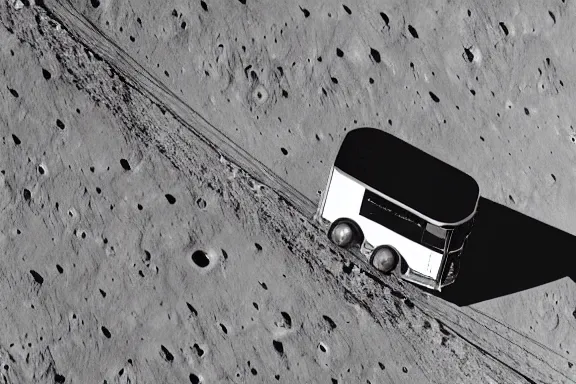 Image similar to a wide angle photo of a bus on the moon