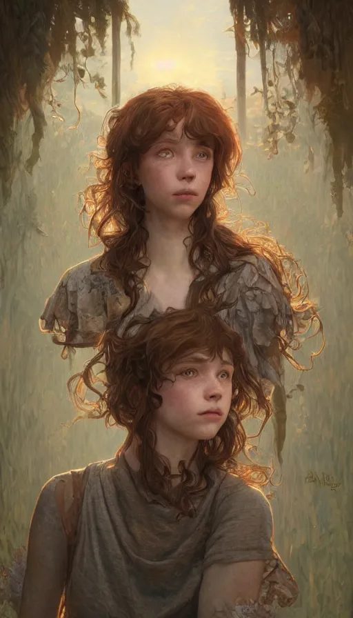 Prompt: Sophia Lillis, long hair, sweaty, insane, intricate, highly detailed, digital painting, artstation, concept art, smooth, sharp focus, illustration, Unreal Engine 5, 8K, art by artgerm and greg rutkowski and alphonse mucha