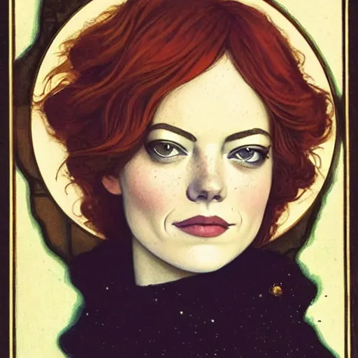 Prompt: emma stone portrait by louis - theophile hingre, zodiac, tarot cards, planets, ethereal, art nouveau