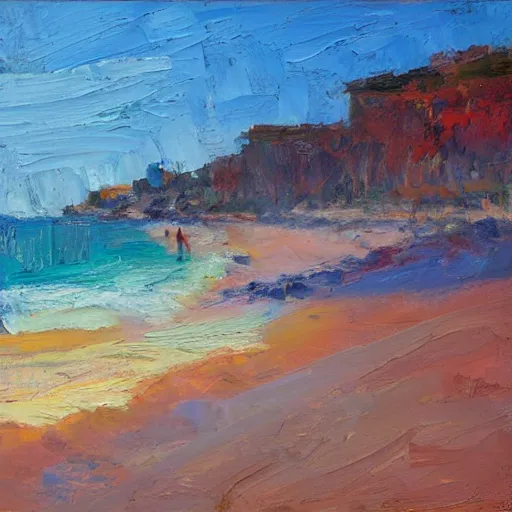 Image similar to leighton beach at sunrise, fremantle, modern, impressionist, highly textured landscape, palette knife, layered, sculptured, dynamic, oil on canvas