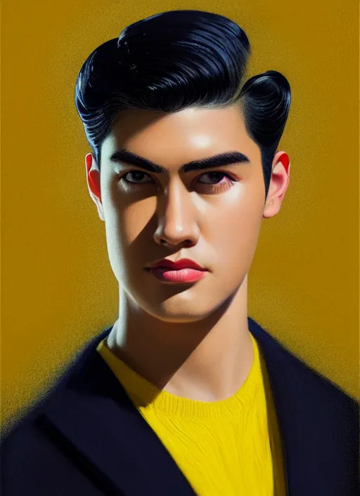 Image similar to portrait of young reggie mantle, mean smirk, egotistical, slicked back hair, striped yellow and black sweater, 1 9 5 0 s, intricate, elegant, glowing lights, highly detailed, digital painting, artstation, concept art, smooth, sharp focus, illustration, art by wlop, mars ravelo and greg rutkowski