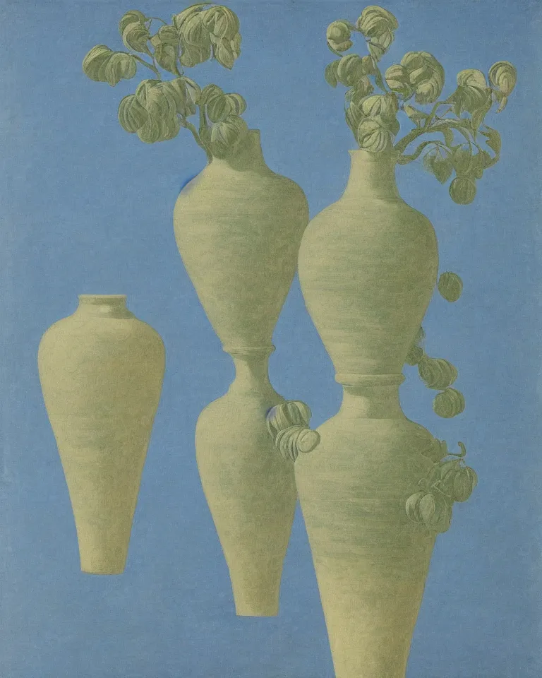 Image similar to achingly beautiful print of one painted ancient greek vase on baby blue background by rene magritte, monet, and turner. symmetrical, shadows.